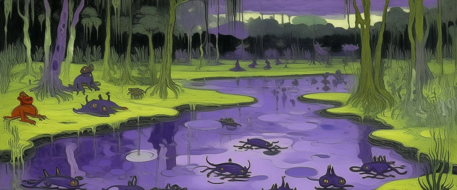 A violet poisonous swamp with frogs designed in Bayeux tapestry painted by Mark Rothko
