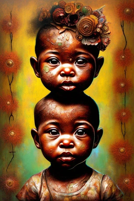 an abstract painting of rusted metal and flowers, african baby portrait, rust, scaffolding, iron cladding, decay, mixed media, textured, anatomically correct, beautiful perfect face, sharp focus, highly detailed