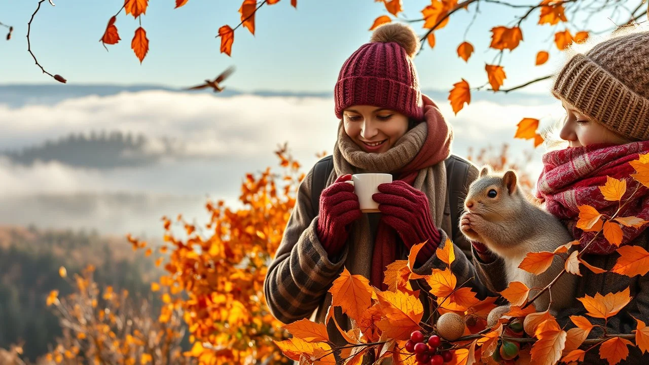 Autumn: falling leaves, Misty mornings, fog over distant fields or forests, sunshine; people wearing scarves, woolly hats, gloves, holding steaming mugs of hot drinks; chestnuts, acorns, berries, rowan, holly; flocks of birds migrating; squirrels gathering nuts; beautiful colours, atmospheric. Award winning photograph.