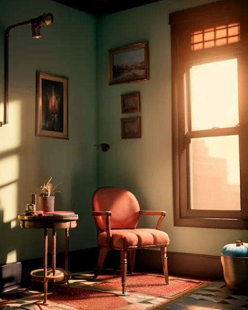 Room scene with sit woman, Wes Anderson style, realistic photo, concept art, smooth, unreal engine 5, god lights, ray tracing, RTX, lumen lighting, ultra detail, volumetric lighting, 3d.