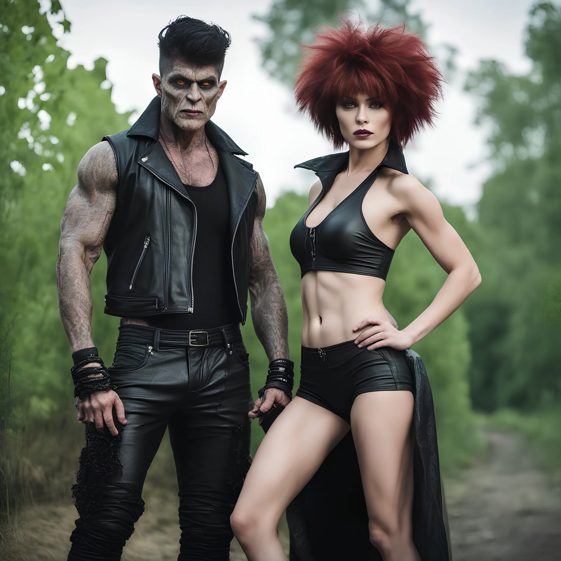 An extremely muscular young man who resembles an old, decomposing zombie with pixie-cut black hair, wearing a black leather jacket and pants, standing next to a beautiful woman with auburn hair who resembles the wicked witch of the west, wearing a black two-piece bathing suit with a perfect shaped, stacked body, and a perfect face, 4k, 8k, 32k UHD, Hyper realistic, extremely colorful, vibrant, photorealistic, realistic, sharp, highly detailed, professional quality, beautiful, awesome, majestic,