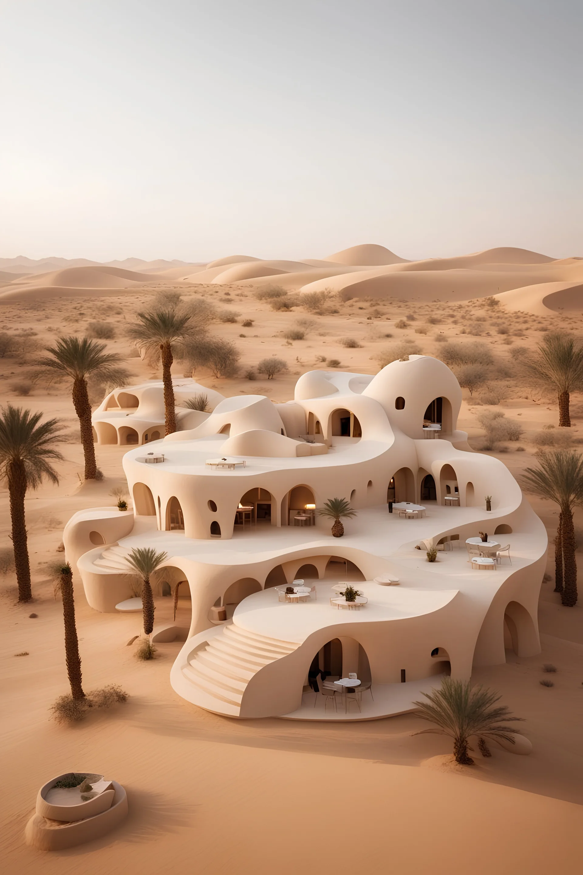 In the desert, a café in the shape of a house made of organic simplicity, Al-Ahsa, Saudi Arabia, pieces inspired by Al-Ahsa plaster carvings, palm trees, captivating landscapes In the desert