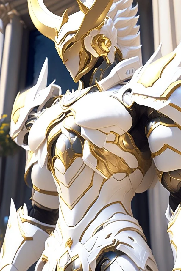 a close up of a statue in front of a building, heavy white and golden armor, sleek smooth white plated armor, from arknights, epic exquisite character art, the white king, attractive beefy male with armor, detailed white armor, attractive male with armor, god king of ai art, shadowverse character concept, shadowverse style, sleek bright white armor