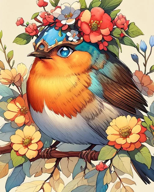 This enchanting, extremely detailed watercolor features a 3/4 closeup portrait of a vibrant Robin, adorned with flowers and a foliage crown, setting on a branch against a heavily textured beige background. nature and whimsy in a botanical style. The piece boasts warm orange and cool blue hues. .