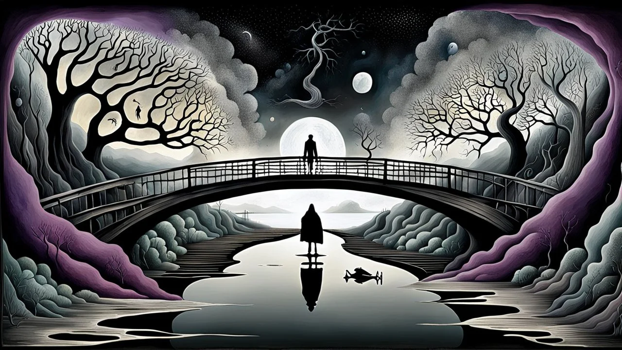 painted inner world with neurodivergens mind and soul, floating doors over surreal cracked weird landscape . one thin bridge over big black river, . deep dark colors, with silver and black. Whimsical strange style of Chagall, of Quentin Blake, andYoshitaka Amano of Anton Semenov. one dark purple-gray human shiluette in hood sitting on bridge and gazes weird absurd beauty nightmare, black shadows, in background cyber neuronic network, surreal vibe, nightmare