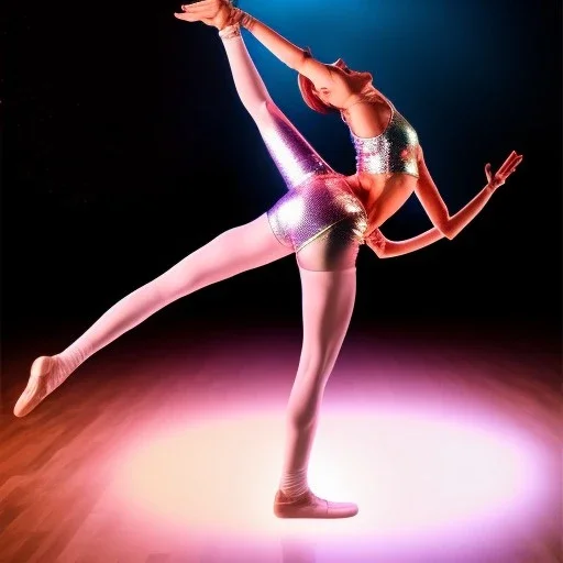 one hit, disco ,fog ,portrait of happy yoga dancer on the dancefloor, spotlights, mirror ball, light rays from ball