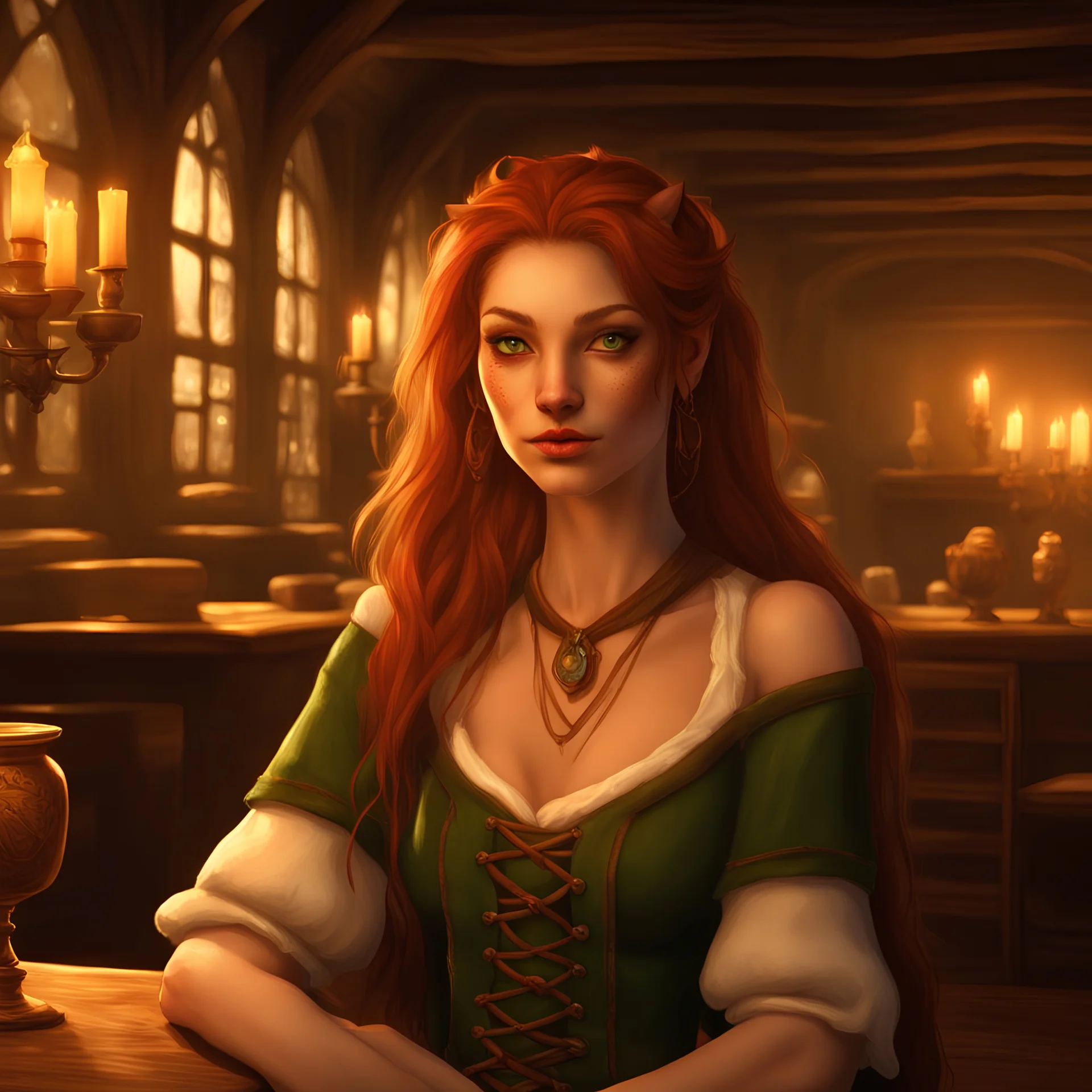 portrait of an auburn Tabaxi female bard in D&D style, long auburn hair cascading over shoulders, green eyes gazing seductively, feline facial features, stance conveying allure, intricate costume design, fantasy tavern background, patrons and wood-beamed ceilings slightly out of focus, candlelight casting a warm glow, ultra realistic, highly detailed, dramatic lighting