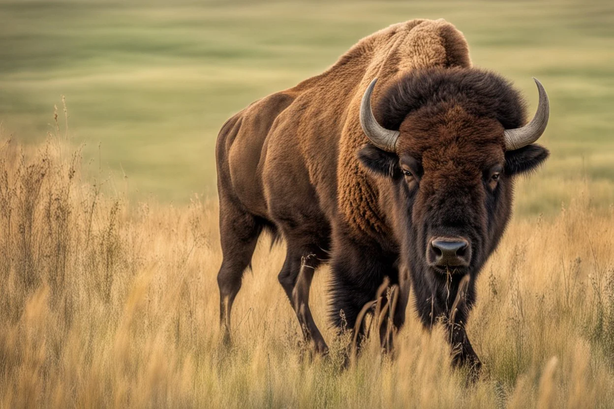 Bison walking uphill towards viewer's right, prairie grasses and plants in foreground, background fades out to completely white