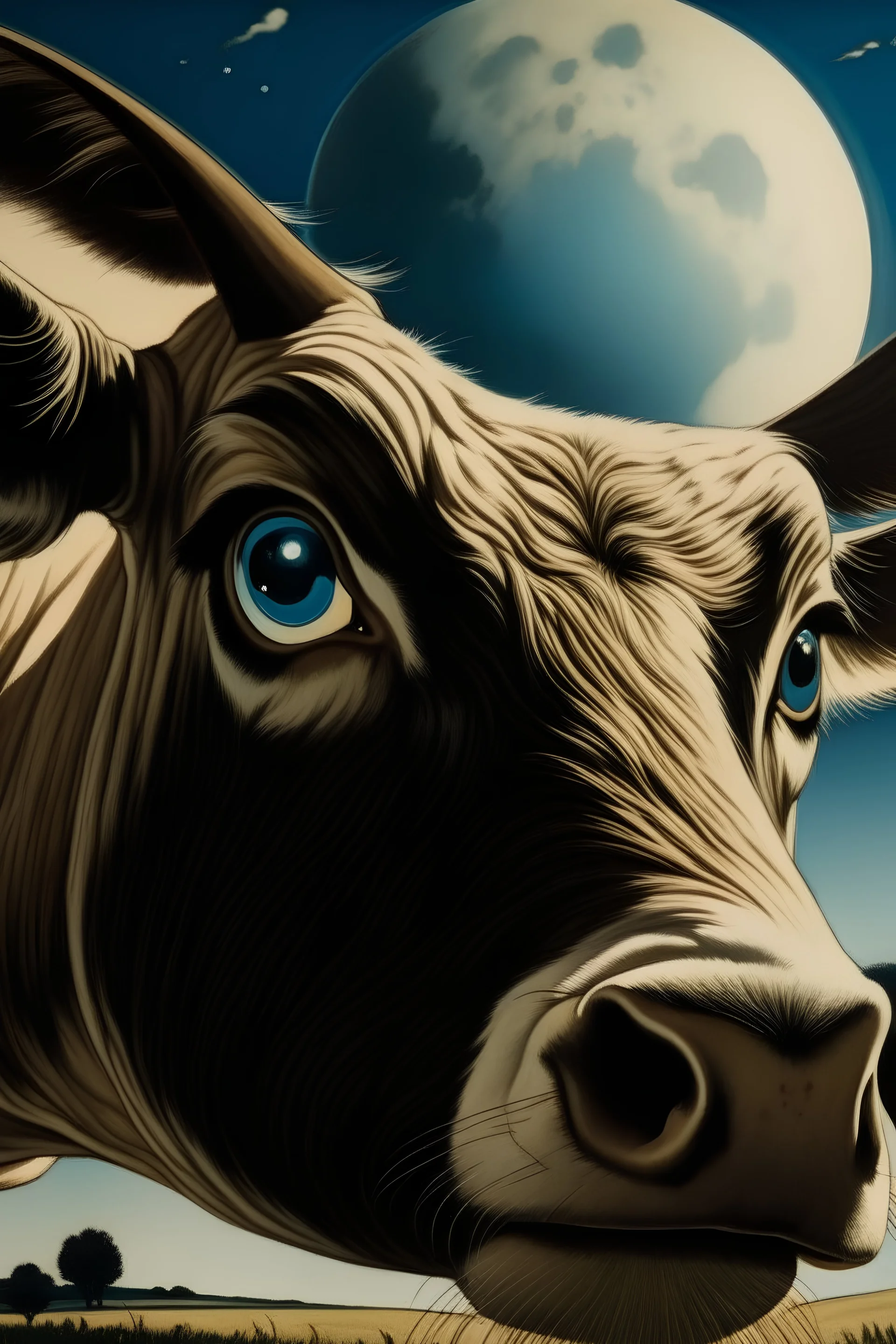 plano detalle del ojo de una vaca saltando en la llanura pampeana argentina bajo una luna brillante al estilo de andre doran