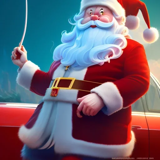 Santa claus driving his red Tesla convertible car, character design by cory loftis, fenghua zhong, ryohei hase, ismail inceoglu and ruan jia. unreal engine 5, artistic lighting, highly detailed, photorealistic, fantasy