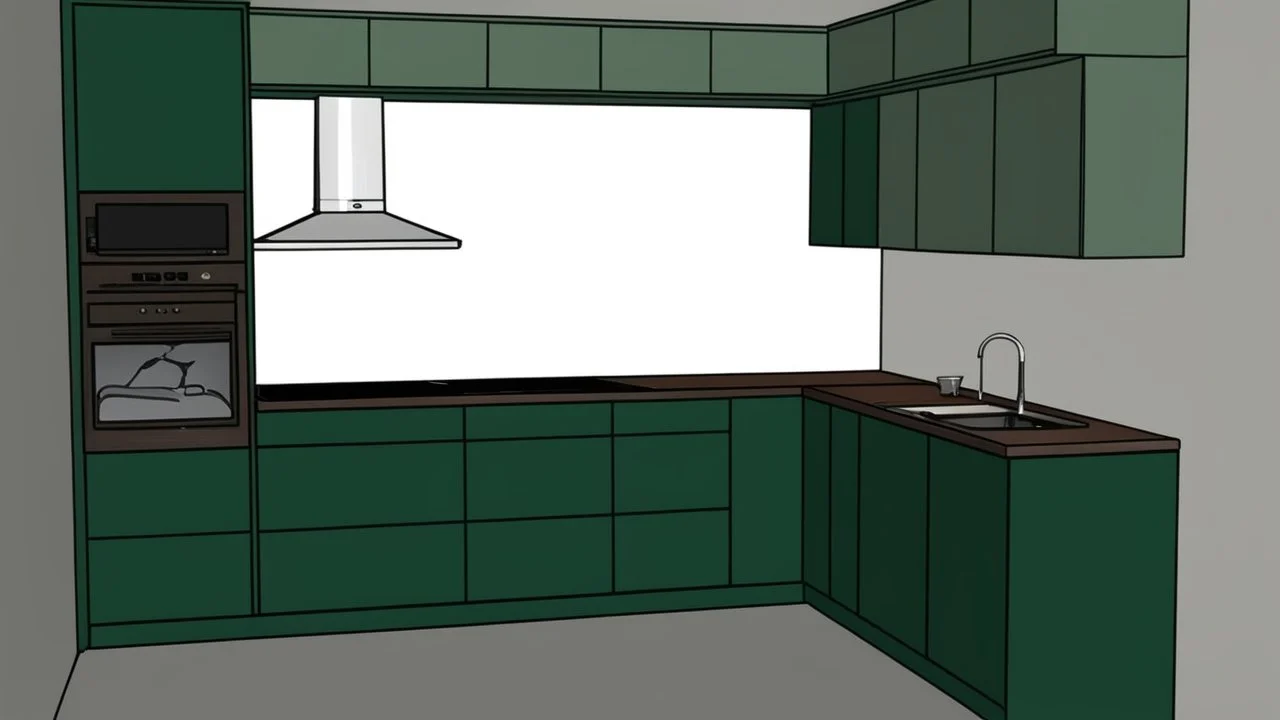 dark green kitchen like in the photo with forest wallpaper on the wall, very realistic