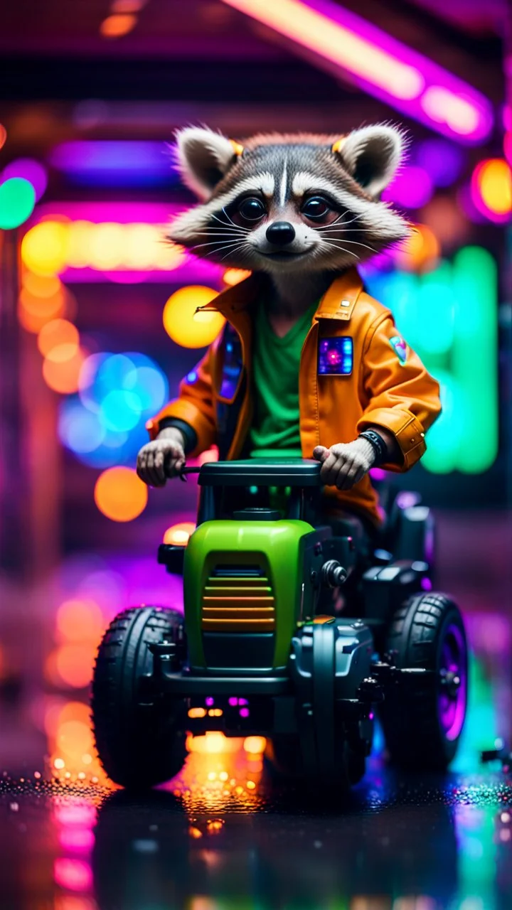 portrait of racoon Hairy Gremlin myth buster pimp ninja yoga cyber punk in flying hipster lawn tractor parked in dark neon lit reflective wet arcade hall tunnel,bokeh like f/0.8, tilt-shift lens 8k, high detail, smooth render, down-light, unreal engine, prize winning