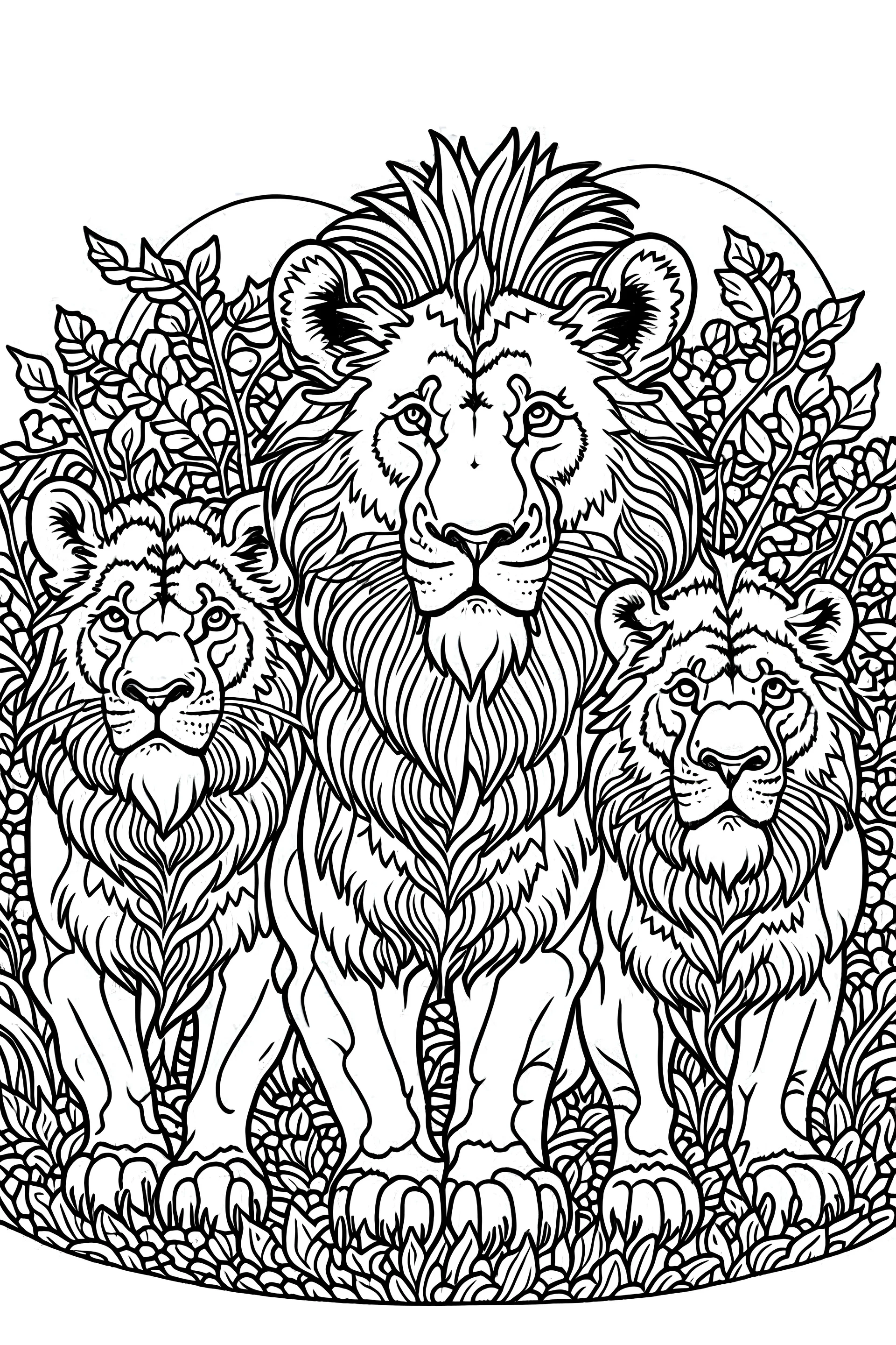 A black-and-white outlined drawing of ferricious lions for kid's colouring books