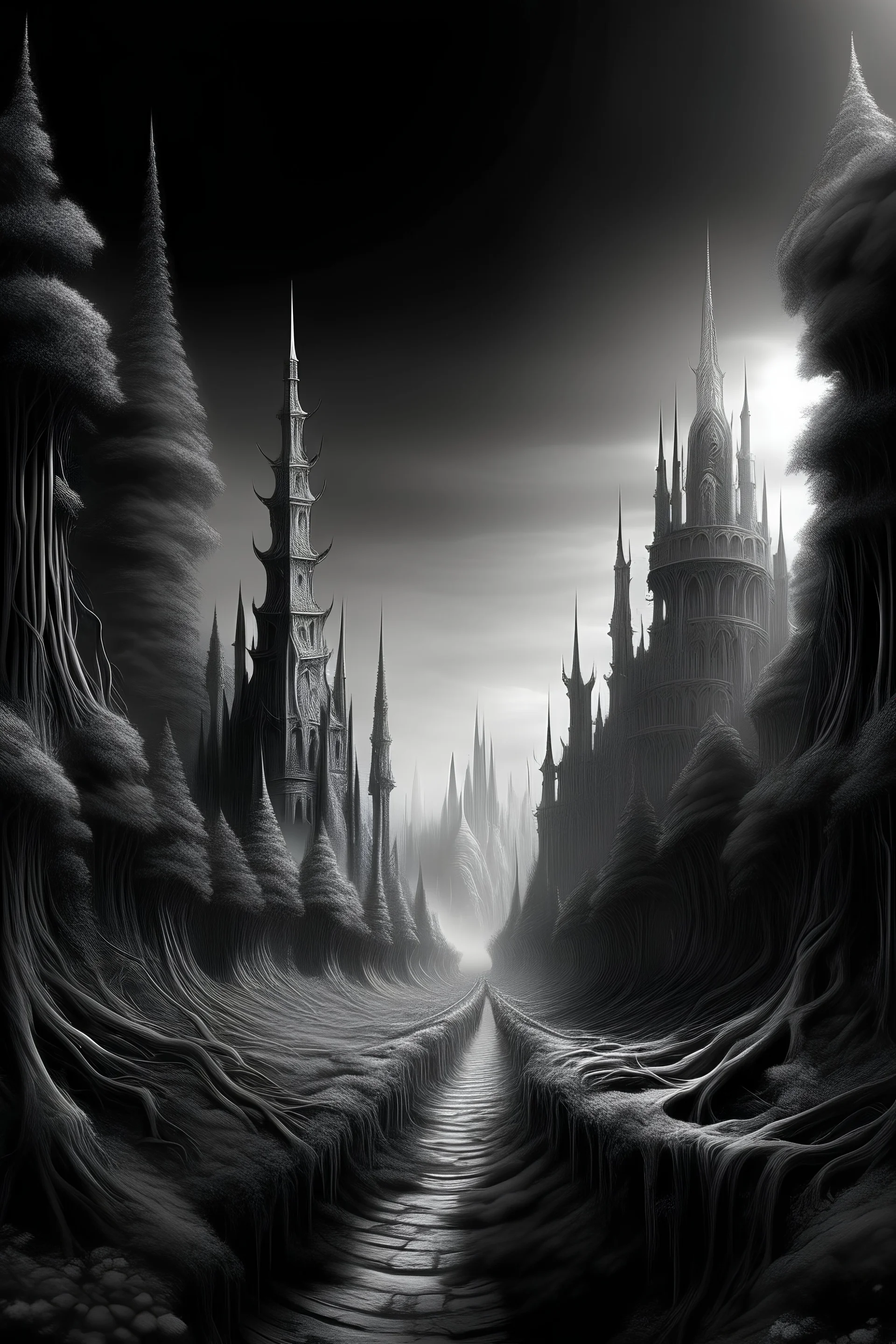 dark fantasy, spiky growth, forest road to gothic city, black and white