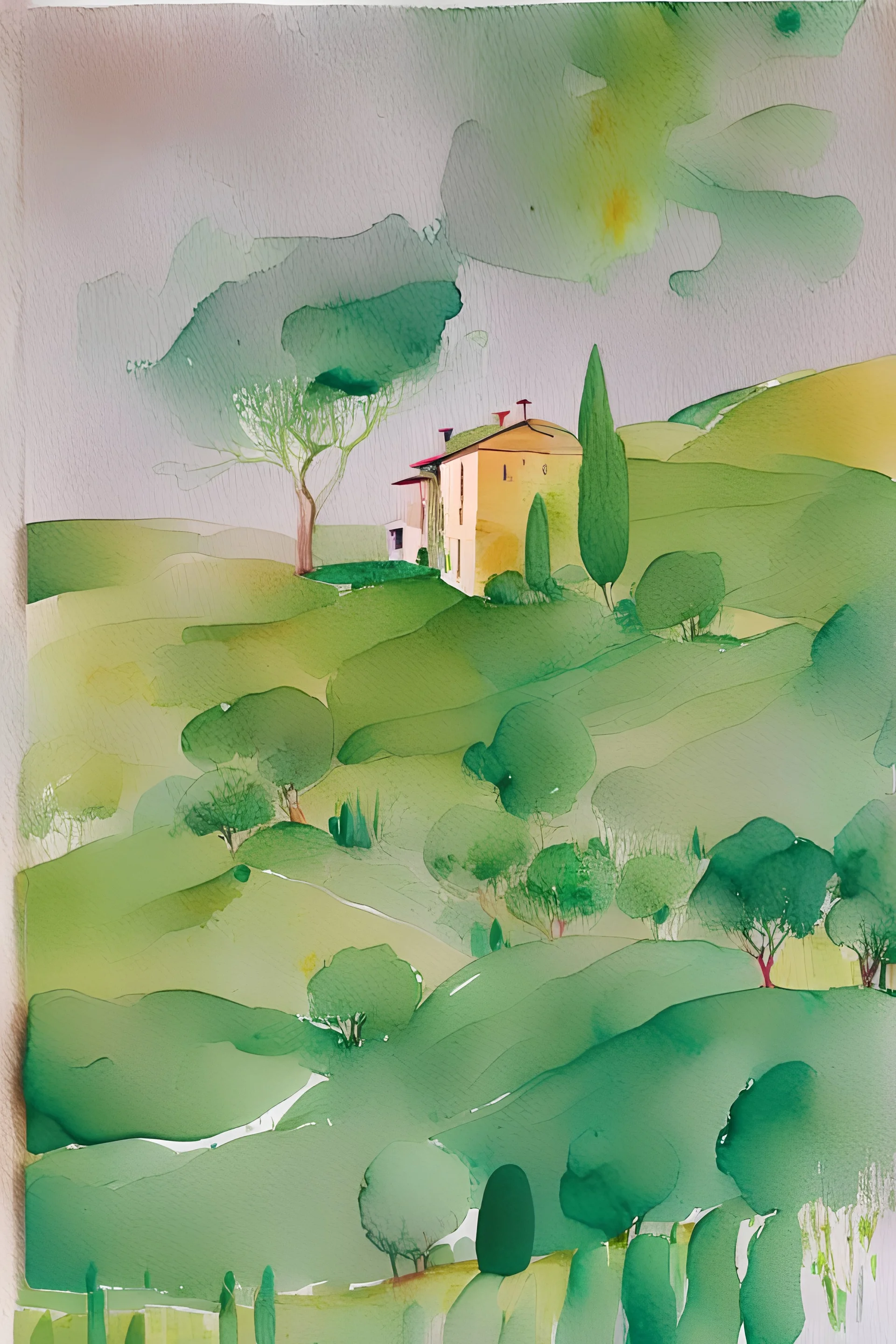 Create an abstract watercolor painting similar to this print https://desenio.com/p/posters-prints/photographs/green-landscape-in-tuscany/ using aspects of van Gogh's style. Make it shades of olive green with accents of gold, with a small amount of coordinating colors as well, but do not make the sky green. It should be vibrant and suggest some movement, but it should not look sloppy. It should not be only gold and green