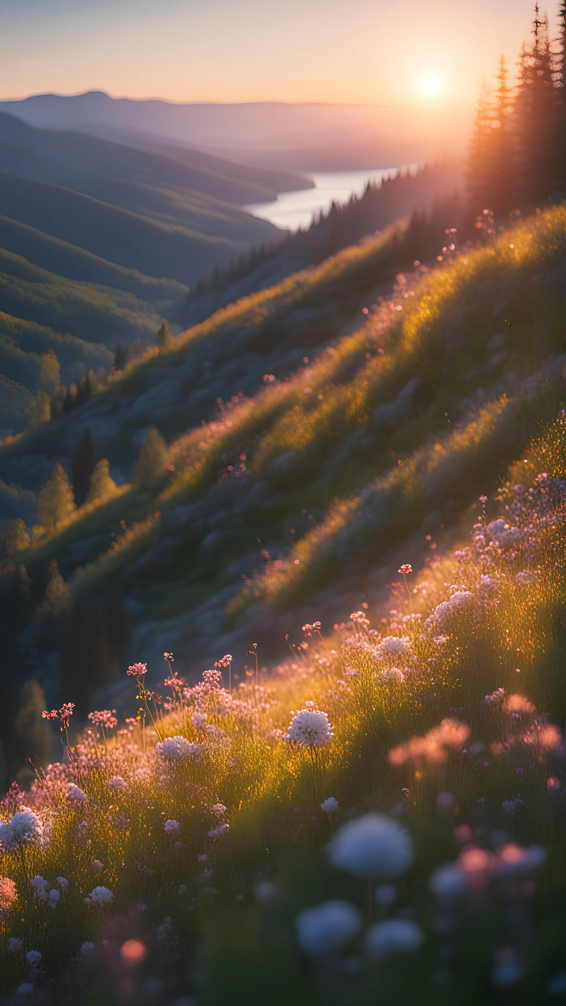 Sunset, hillside full of wildflowers, rich detail, light, light and shadow effects, light chasing, focus spotlight, gradient, vista, HD, river, mountain, forest, sunset, snowy mountain, 8K Ultra High Resolution Beautiful, High Detail, Wonderful Views, High Quality, High Resolution, High Stereoscopic Visual, Surreal, Crisp Quality