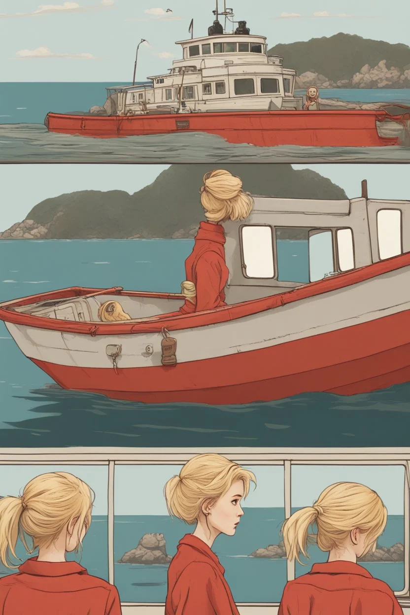 23 years old girl, with blond hair and a messy bun like selah sue. standing on in a red boat, wearing red clothes and holding binoculars watching something in the middle of the sea. You see the whole boat. You see the gril in front. It's a ferry. Wes anderson style. In front. Sarcastic vibe. Old school interior. she stands in the kitchen of the boat