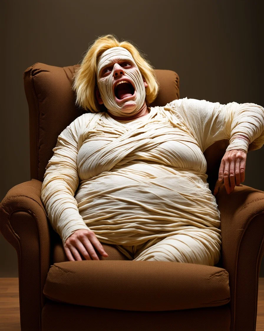 a chubby decrepit realistic male mummy, blonde hair, leaned over in a brown chair, mouth open
