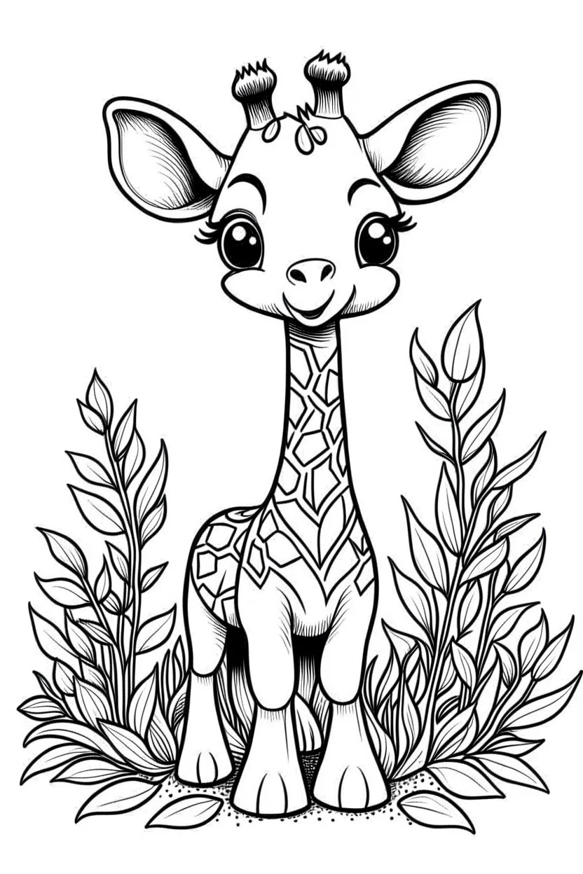 cute coloring page, sketch style, cute baby giraffe in the jungle, cute cartoon, white and black, withe background, no shadows, outline.