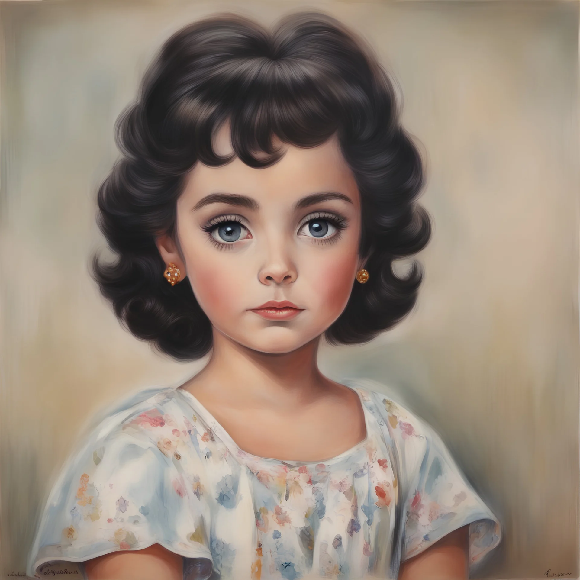 1970s,Elizabeth taylor, little girl,in the style of Margaret Keane