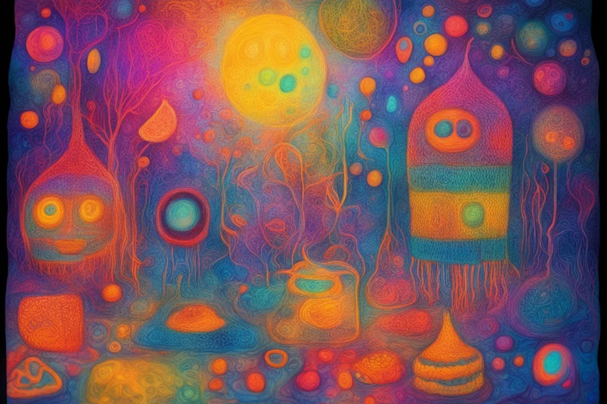 black light art, knitted dream, food, neon colors, styles of Paul Klee Dee Nickerson and Tim Burton, melting watercolor and black ink outlines on wet paper, soft, shading strokes, in sunshine, ethereal, otherwordly, cinematic postprocessing, bokeh, dof