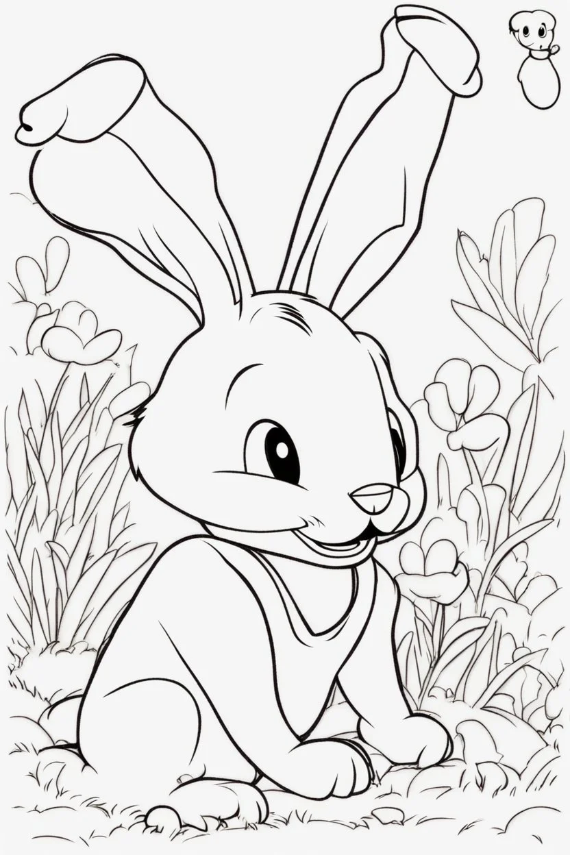 blank colouring book, white background, simple picture for toddlers, rabbit, four legs, smile on face, disney and pixar style