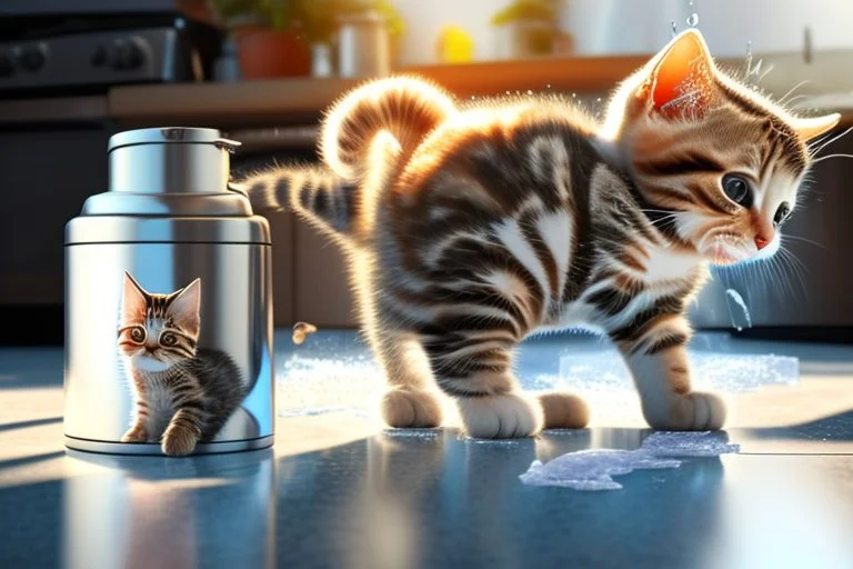 Cute tabby kitten sniffing ice water spilling from a thermos in a kitchen in the sunshine. Ice cubes and snowflakes.