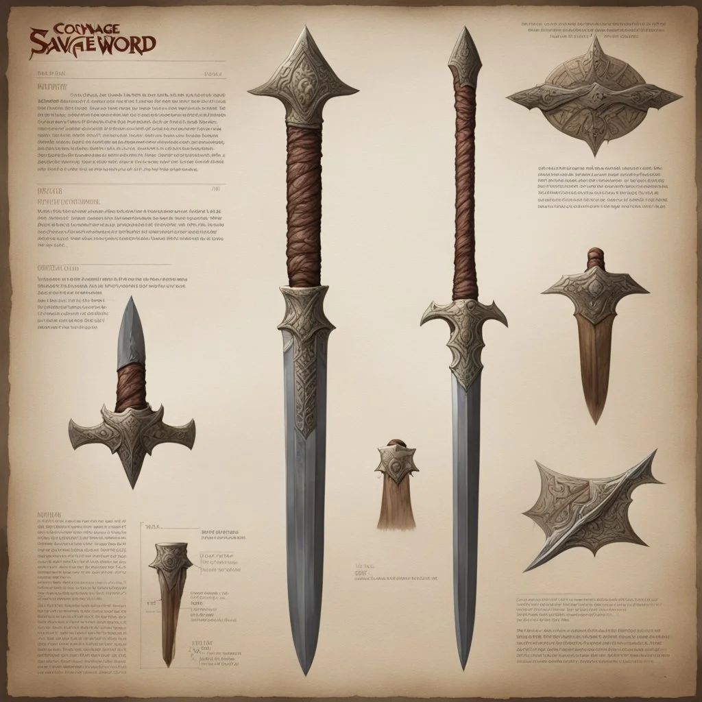 ConceptSheet: A document showing Savage Sword , the weapon of choice for Kate Fleetwood, from Conan so powerful of incomprehensible power.