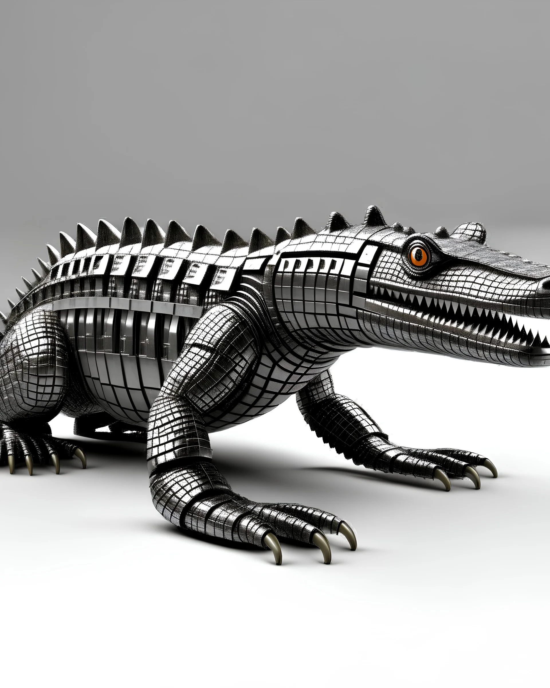 robot crocodile, steel, simple background, photorealistic