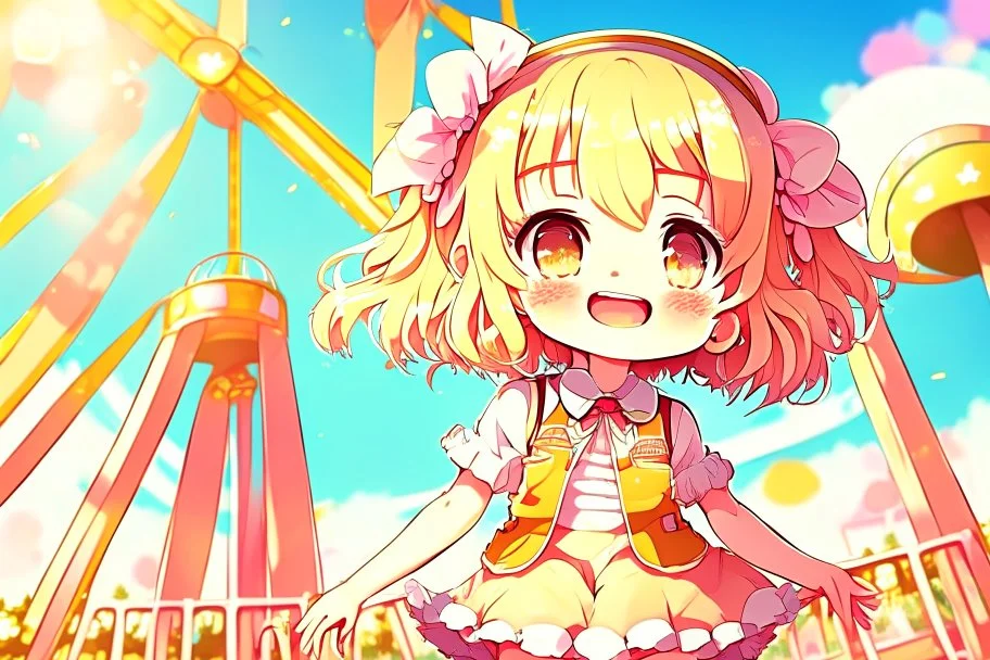 contented cute chibi girl in the amusement park in sunshine