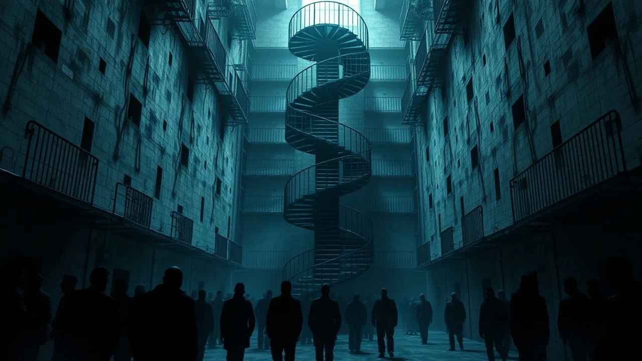 Many Stairs between walls and buildings in empty prison, a big vertical spiral massive staircasel, the end of which cannot be seen, underneath many black human silhouette, dark blue and gray colors, cold, grim vibe, high detailed, surreal, dark vibe, cinematic
