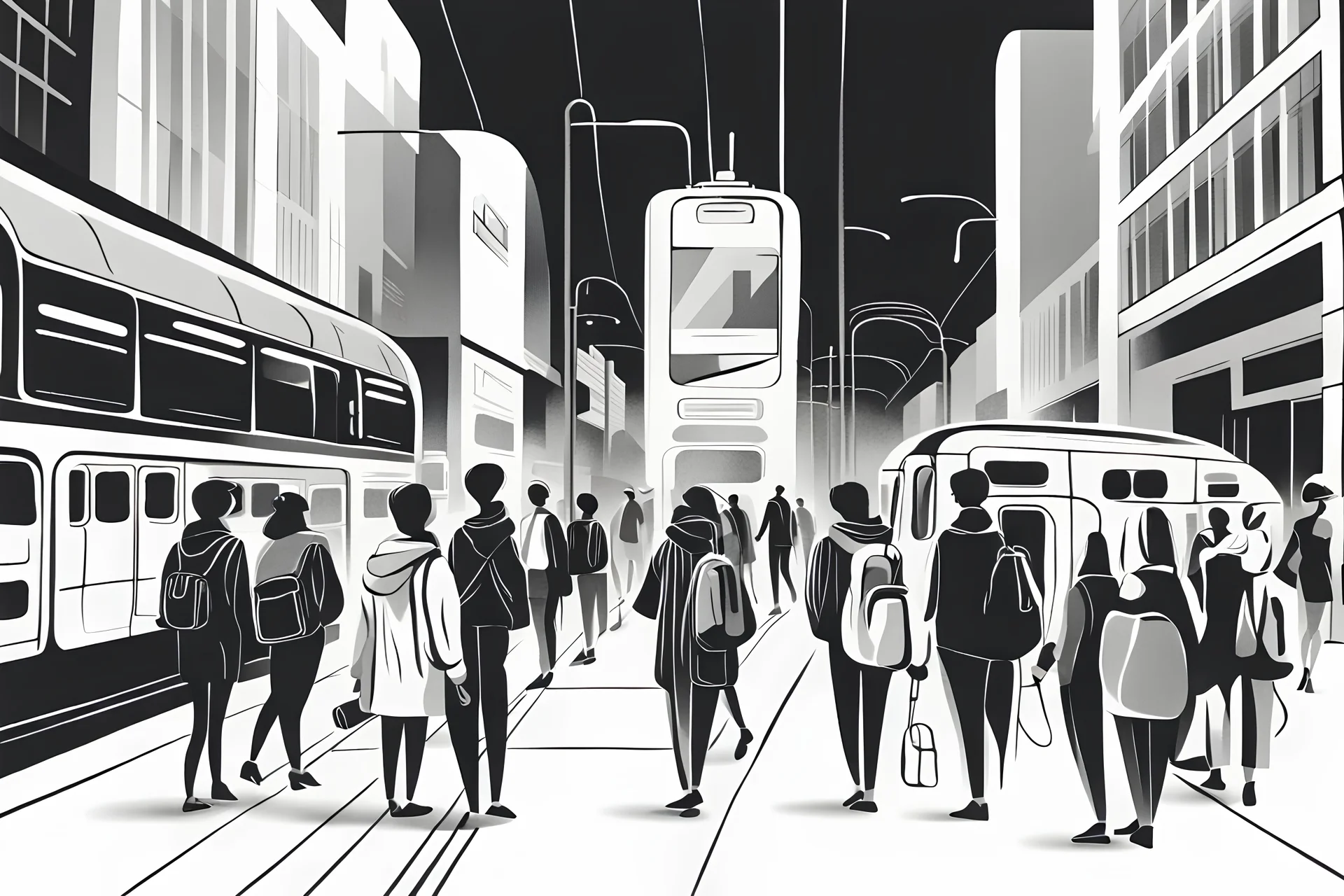 generate an image like a draw minimal style black and white pencil style, group of people asking Public Transport and Navigation