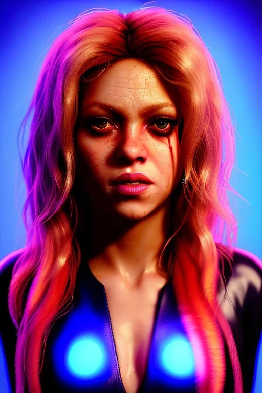 portrait, Shakira, blonde artist, angry, Realistic image, latex style dress. baseball bat, loose long hair, eyes make up, perfect, glow, circle iris. Neon colors, leds, geometric shapes. Dark background, photo studio, neon lights. Mad max, concept art, smooth, unreal engine 5, god lights, ray tracing, RTX, lumen lighting, ultra detail, volumetric lighting, 3d, finely drawn, high definition, 4k.