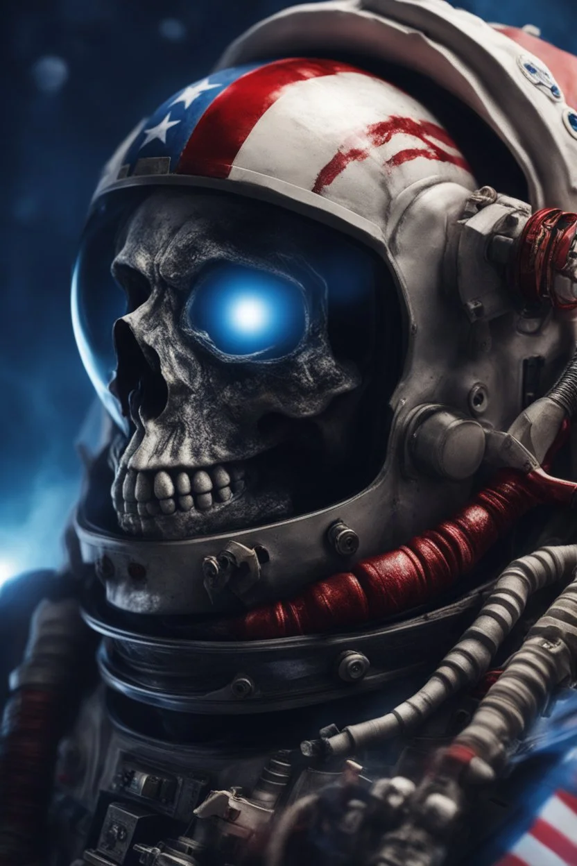 A close up of a skeleton face in an astronaut helmet and suit floating in space. inside the hollow eyes are red shining lights, scary. On his suit is an American flag and in his one hand is a small wavering American hand flag. From the back of his suit is blowing out blue, white and red smoke. Realistic, 8k, highly detailed, funny