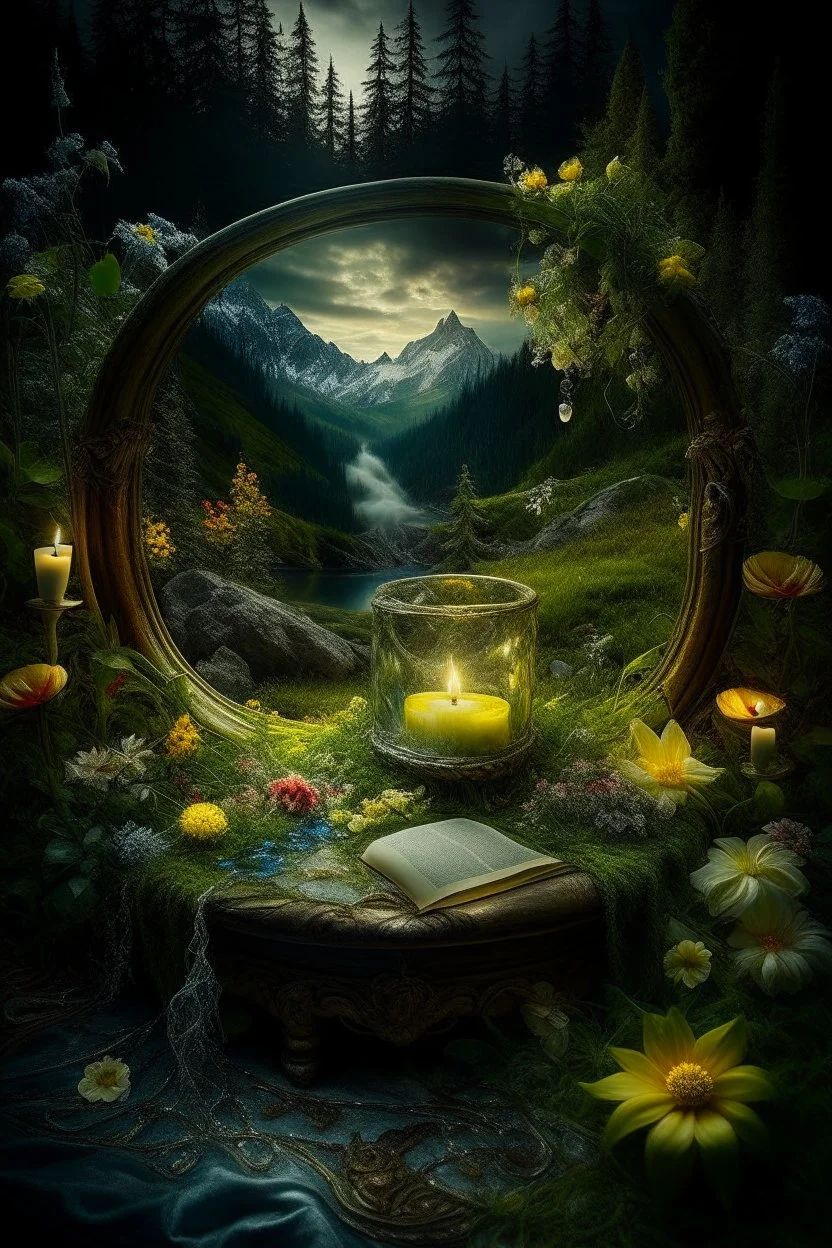 Hyperrealism against the background of a spring landscape in the forest +mirror with a tsunami whirlpool +mountains +ritual +candles+dried flowers+wildflowers+moss++decoupage of flowers+embroidery technique+braided beads+vine+moonlit night,fabulous landscape,surrealism,realism,naturalism,dot technique,microdetalization,high detail objects,digital illustration,volumetric clarity,dark fantasy,dark botanical, professional photo