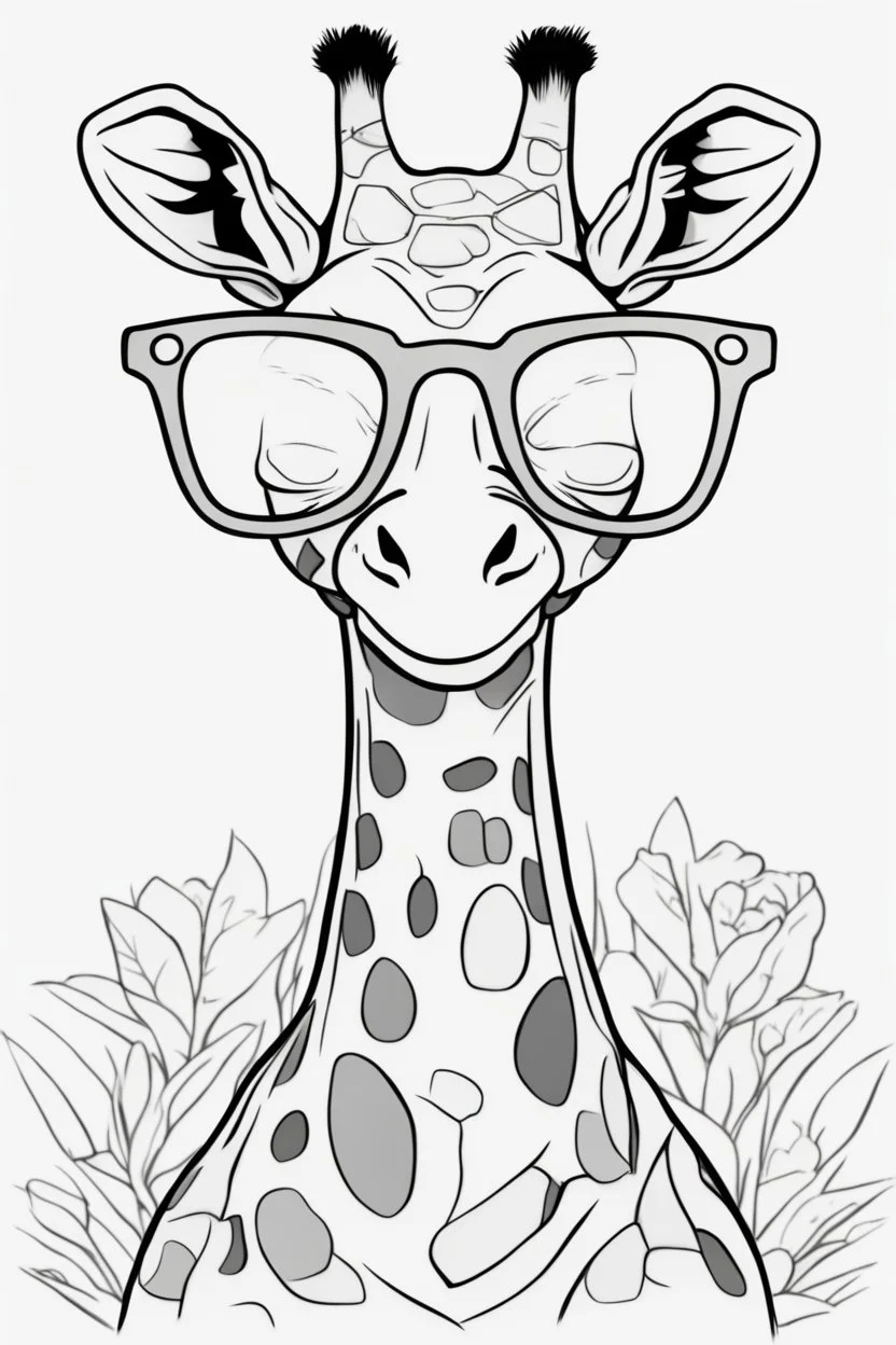 Outline art for cute coloring pages with giraffe with glasses, full body, white background, sketch style, only use outline, clean line art, no shadows and clear and well outlined.