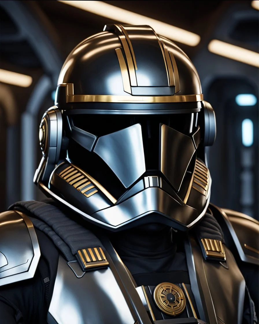 star wars bald male corellian pilot wearing pearlescent black and gunmetal grey First Order special forces armor and helmet with gold trim inside the jedi temple, centered head and shoulders portrait, hyperdetailed, dynamic lighting, hyperdetailed background, 8k resolution, volumetric lighting, light skin, fully symmetric details