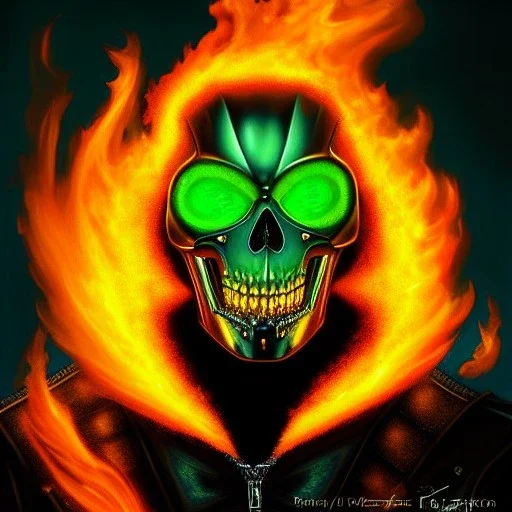 ultra detailed fullbody portrait of Ghost Rider Riding His Fire Motorcycle , extremely detailed digital painting, intrincate, extremely detailed smiling face,crystal clear Big Green eyes, in the style of Frank Frazzetta , mystical colors , perfectly centered image, perfect composition, rim light, beautiful lighting,8k, stunning scene, raytracing