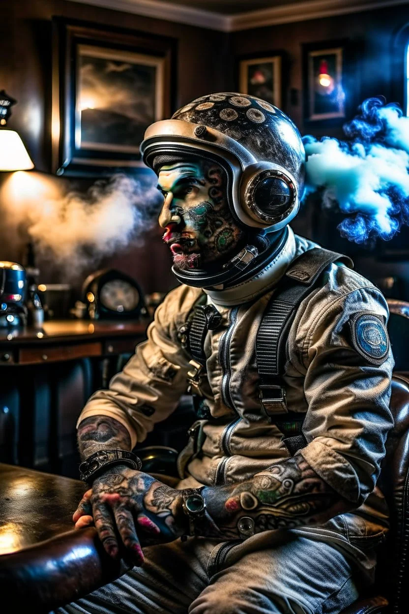 pilot spaceman with tattoo of a human, scary tattooist in high end parlor, smoke, mist, lightrays, depth of field, photography