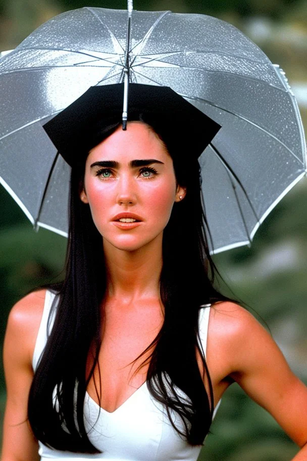 Beautiful 25 year-old Jennifer Connelly standing outside in a rain shower with no rain-coat, umbrella, or hat, with her head tilted up to the sky, her tongue sticking out and catching raindrops