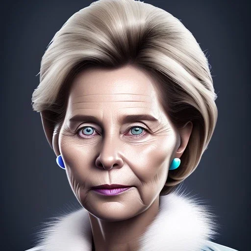 Ursula von der Leyen, 3d animation, Pixar Studio movie style, pixar's UP style, rounded face, laughing wrinkles, eye wrinkles, big circular reflective eyes, exaggerated cheekbones, huge forehead, huge haircut, unreal engine cinematic smooth, cartoonish, portrait of a politician,