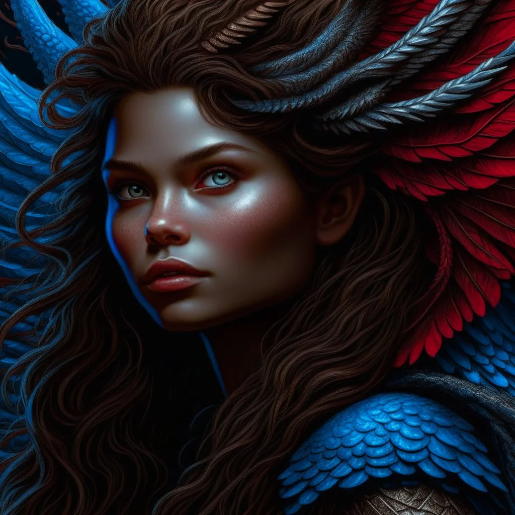 very complex hyper-maximalist overdetailed cinematic tribal fantasy closeup macro portrait of a heavenly beautiful young royal dragon queen Abella Danger with windblown hair and dragon scale wings, Magic the gathering, pale wet skin and dark eyes and red lipstick ,flirting smiling passion seductive, vibrant high contrast, by andrei riabovitchev, tomasz alen kopera,moleksandra shchaslyva, peter mohrbacher, Omnious intricate, octane, moebius, arney freytag, Fashion photo shoot, glamorous pose, tr