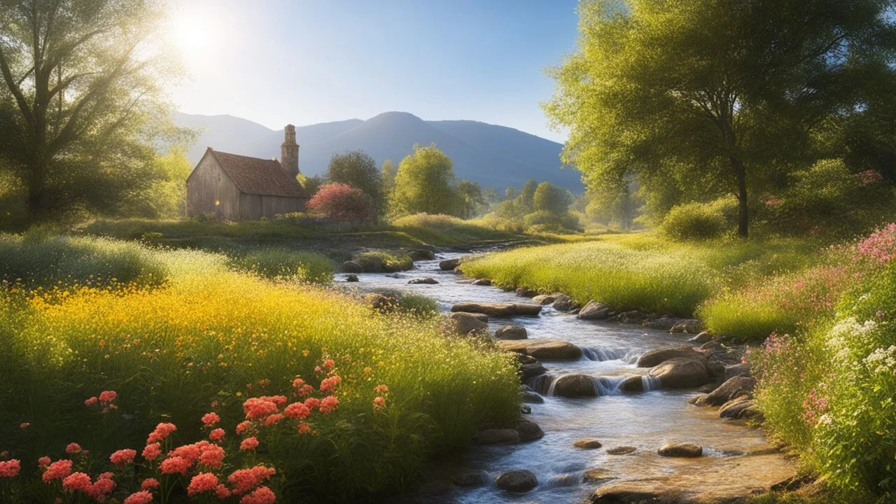 Beautiful realistic rural landscape, warm sunshine, lush plant growth, flowers, human habitation, brook, peaceful, delightful, idyll, award-winning photograph, detail, beautiful composition, attractive colour, chiaroscuro