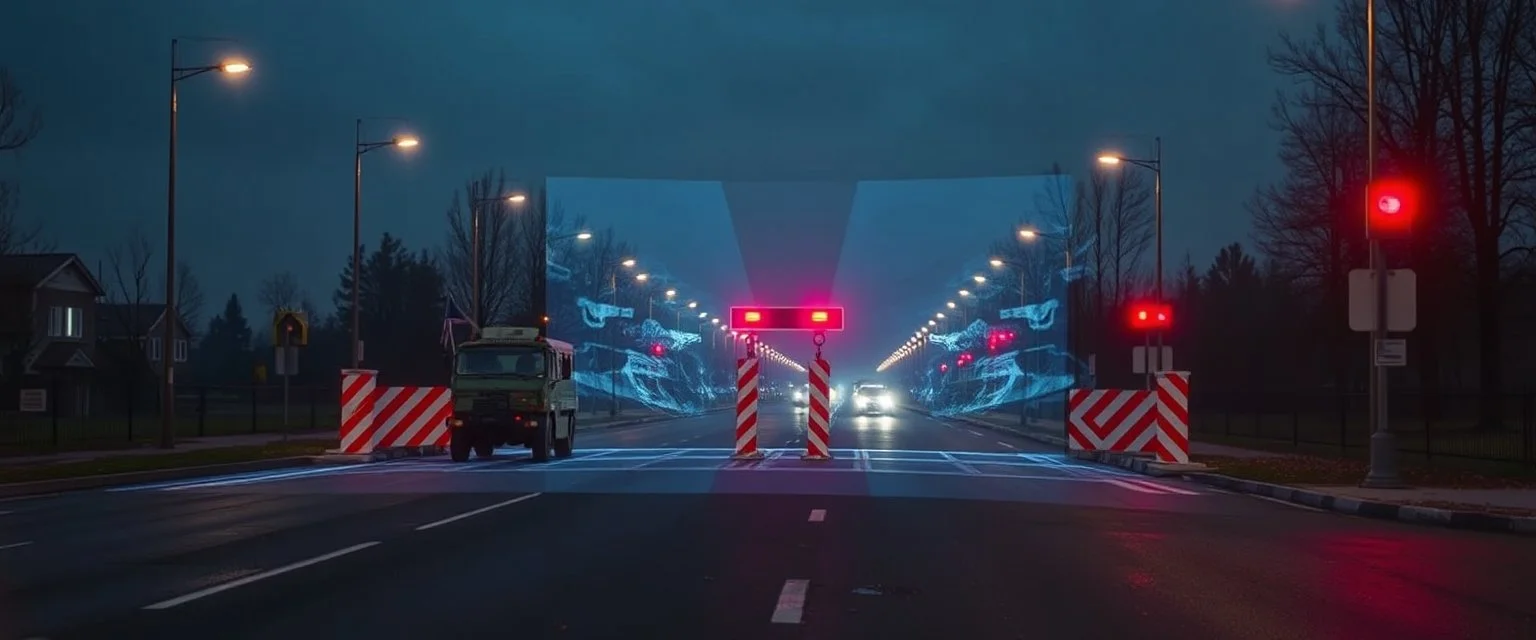 a realistic holographic Russian military checkpoint projected by the street lights