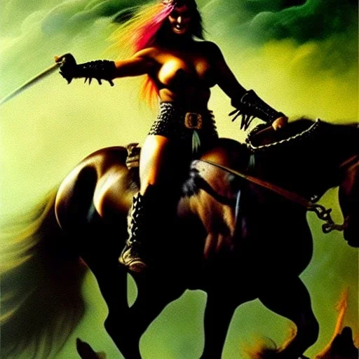 portrait oil on canvas, beautiful punk busty female Savage Barbarian Warrior, riding a Black Horse,green eyes, ,minimal armor,comic book cover, mystical colors,insanely detailed,realistic,intrincate detail, 16k resolution, masterpiece,Frank Frazetta,Alex Horley, Simon Bisley