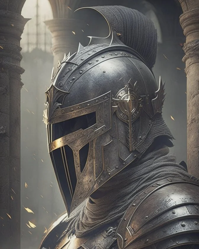 Dark souls Knight, expression serious, aura, portrait, background Dark souls like ruins, comic style, helmet,