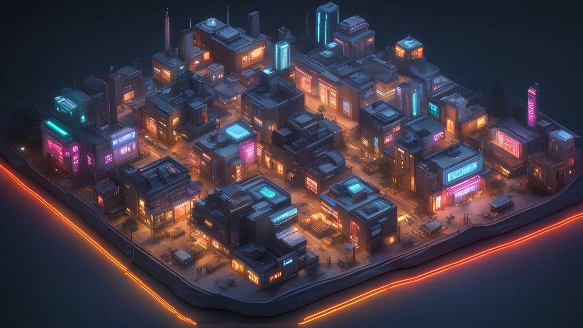 3d isometric town model, miniaturised, highly realistic materials, centered, High Quality Sci fi, cyberpunk, night time, thriving, detailed, neons