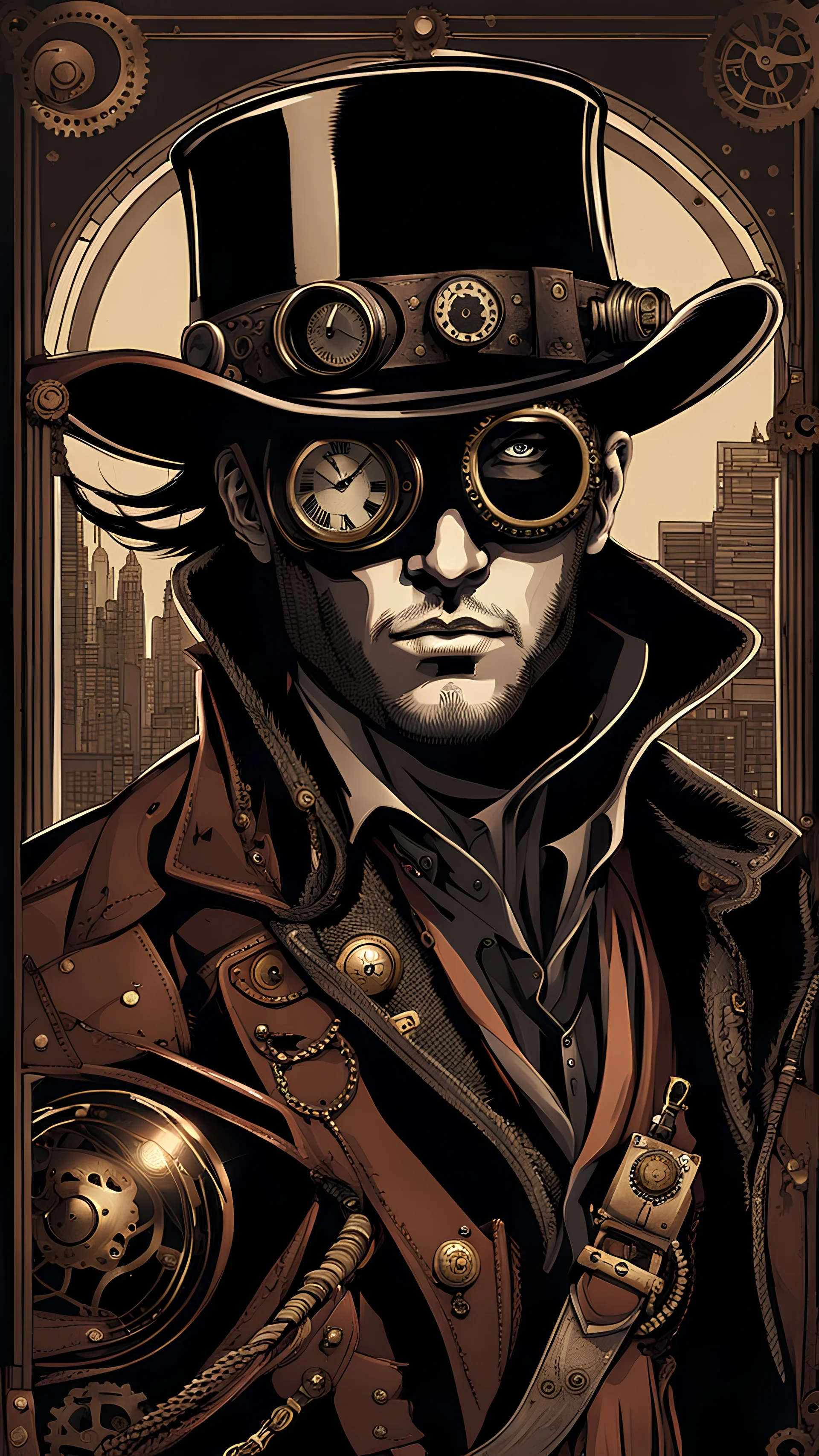 STEAMPUNK COWBOY WITH HAT COVERING HALF FACE IN DARK STEAMPUNK CITY