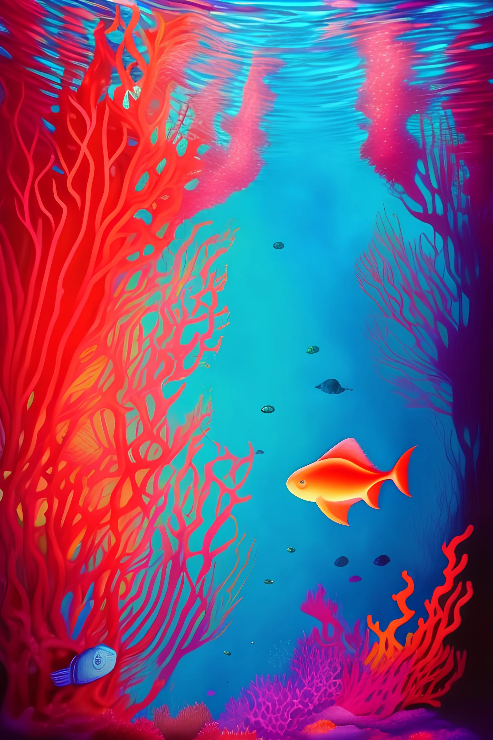 Create a vibrant and surreal masterpiece that captures the essence of a dreamlike underwater world. Picture vividly colored aquatic creatures gliding through phosphorescent coral reefs, with an otherworldly play of light and shadow. The scene should evoke a sense of mystery, wonder, and tranquility. Let your imagination run wild and infuse the painting with a touch of magic