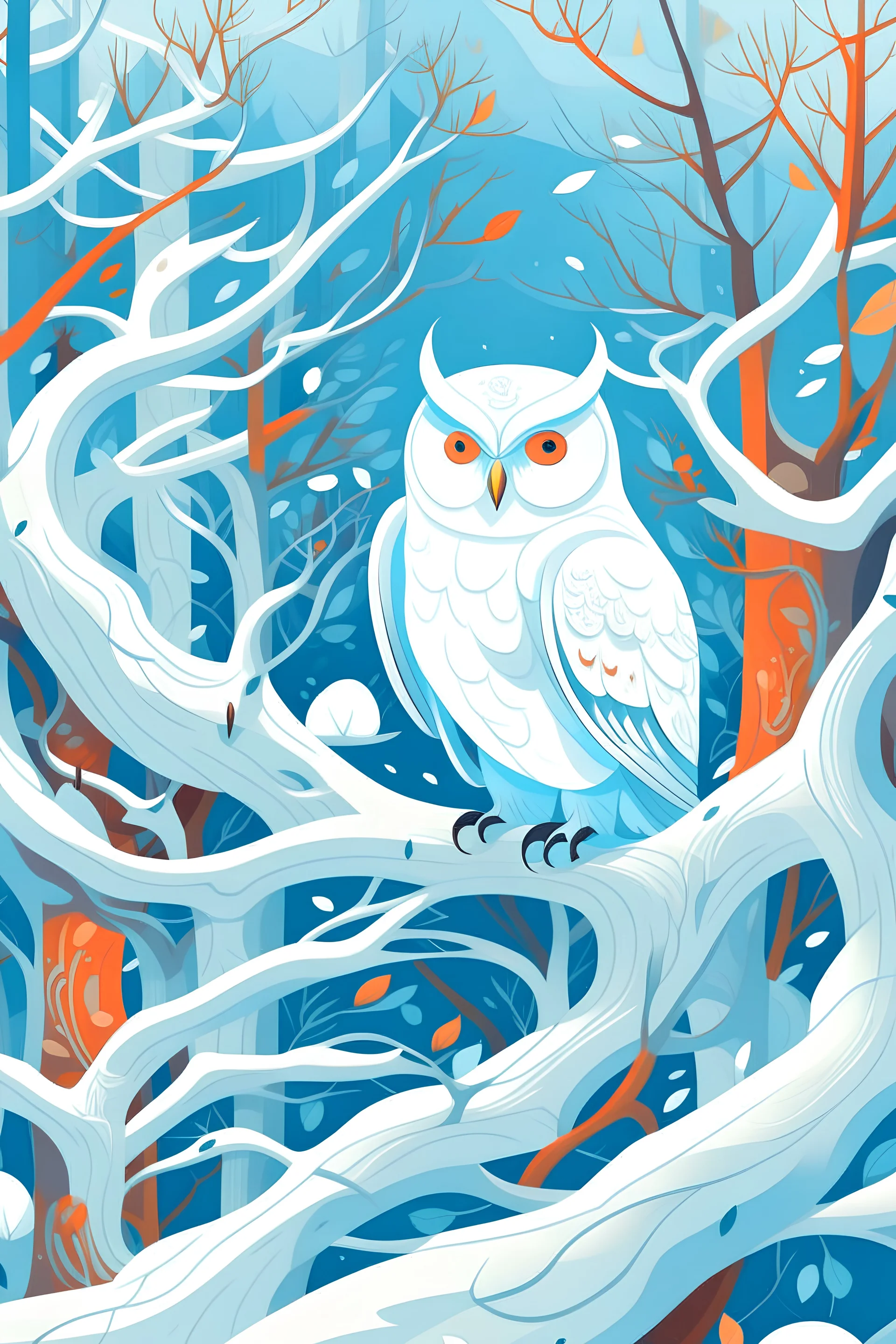 James Jean style illustration of a white owl in a tree in a nordic forest with snow